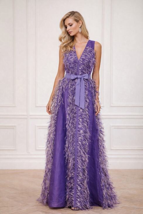 Huishan Zhang Dresses & Skirts - HUISHAN ZHANG Women's Purple 100% Silk Beau Feather Trim Maxi Gown Size US 6